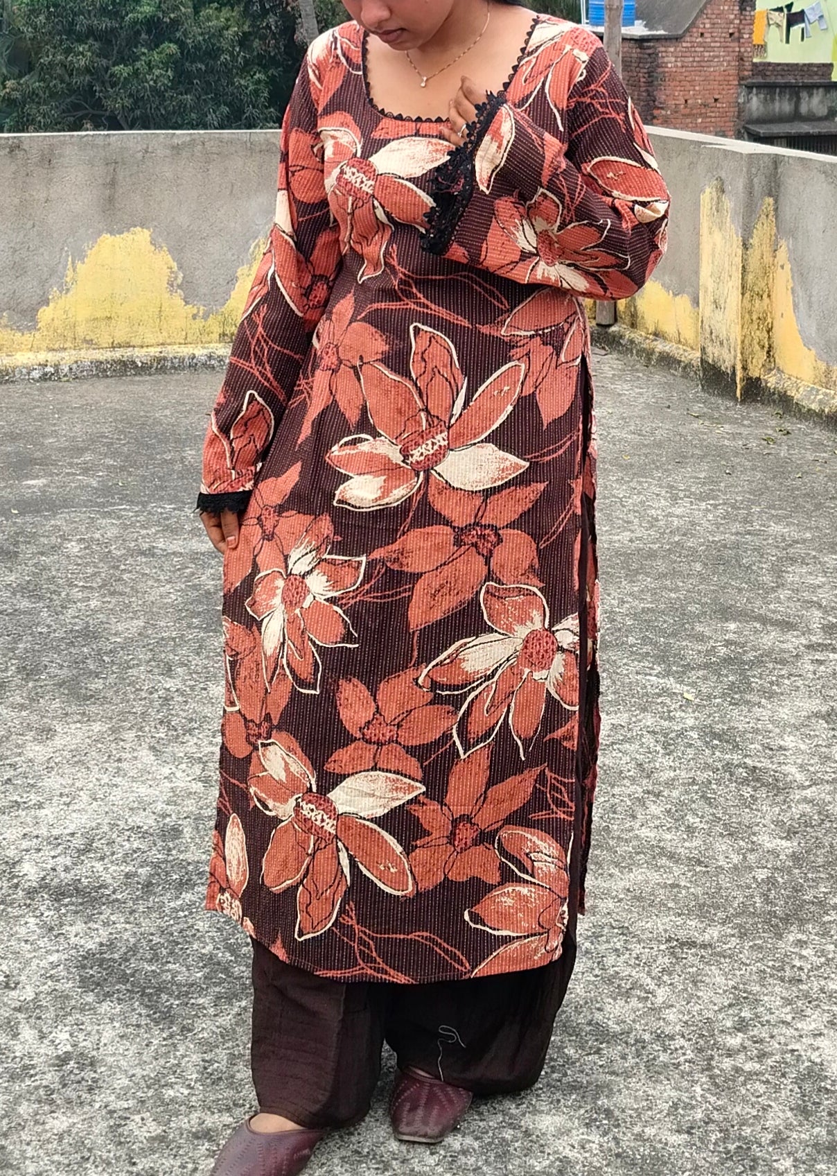 Brown Floral Design Long Kurtis